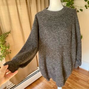 Long Sleeve Dark Gray Melange Soft Knit Ribbed Sweater Dress Large